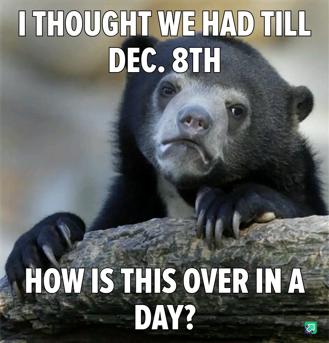 A close-up photo of a sad-looking spectacled bear resting its paws on a log, with white bold text overlaid that reads 'I…