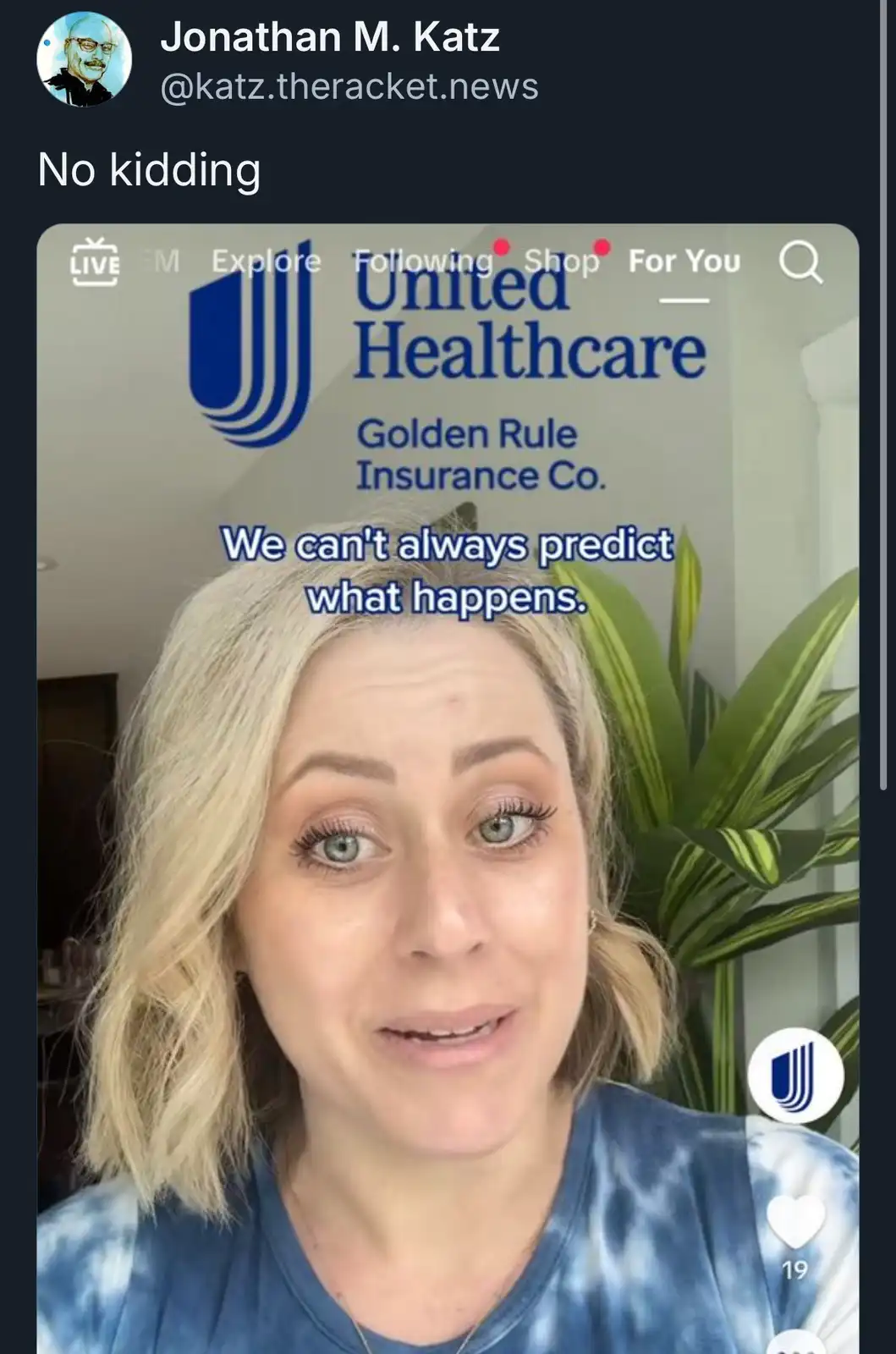 A screenshot of a social media post by Jonathan M. Katz showing a woman with blonde hair and a blue tie-dye shirt looking…