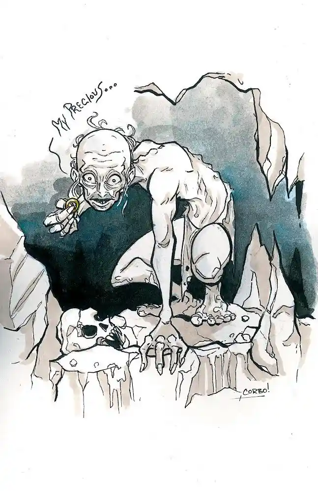 A gaunt, emaciated, bald man with wild hair and a crazed expression crawls on all fours in a rocky, cave-like setting…