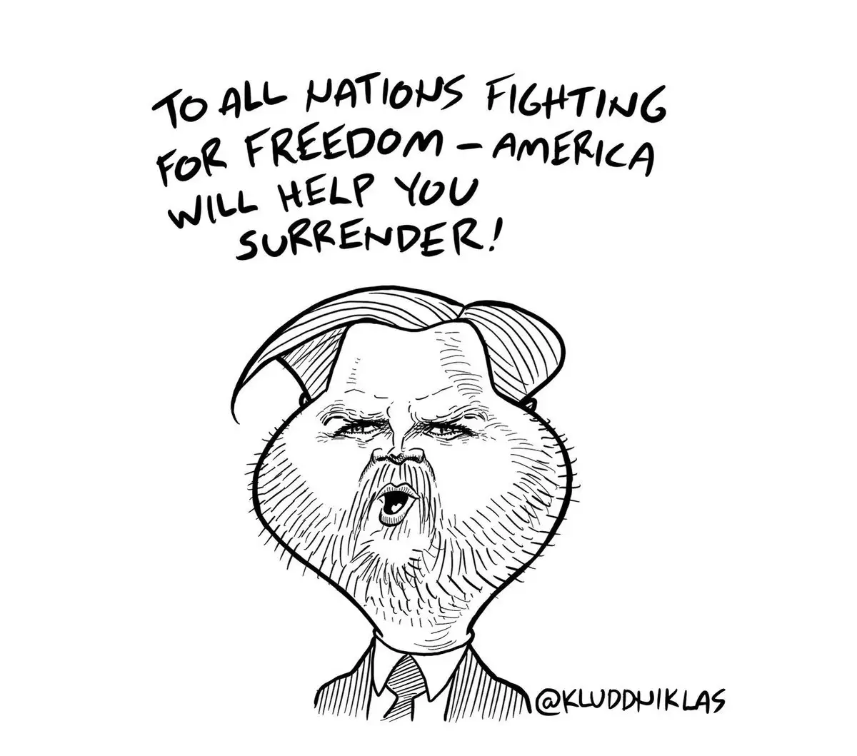 A black-and-white cartoon drawing shows a caricature of Donald Trump with an angry, shouting expression, wearing a suit and…