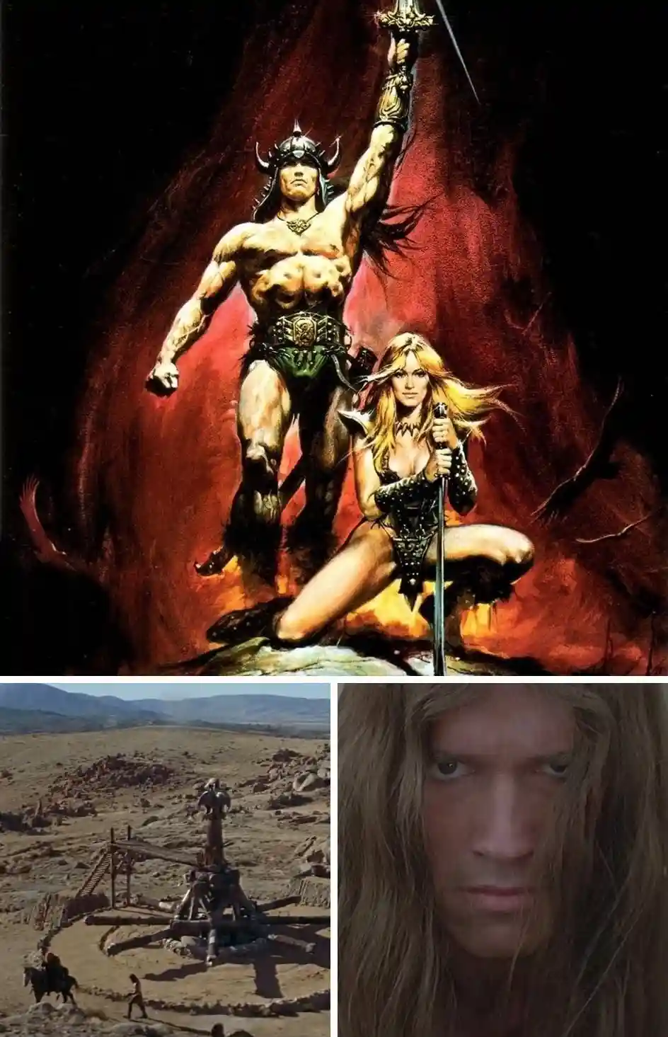The image is a three-panel collage: top panel shows a fantasy painting of Conan the Barbarian and a woman with swords…