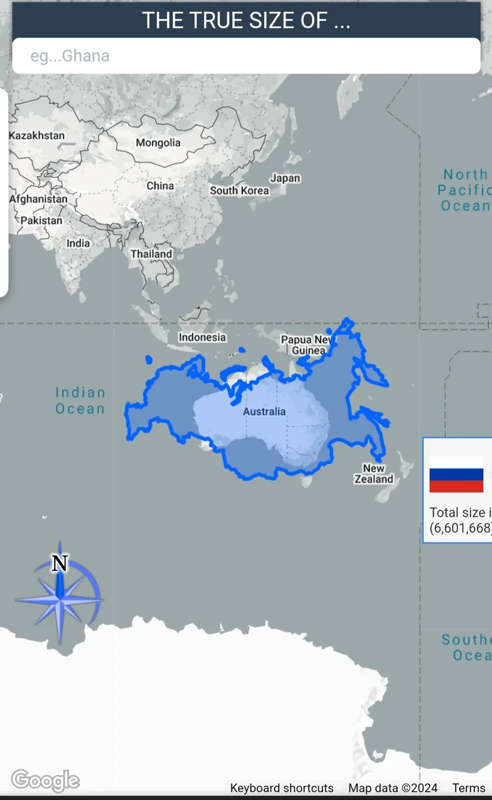 A Google Maps interface showing a search bar with 'eg...Ghana' placeholder text, displaying a map of Asia and Oceania where…