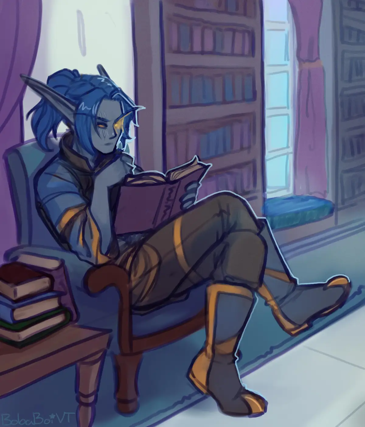 An elf-like character with blue hair and pointed ears sits in a chair in a library, reading a book with a calm expression…