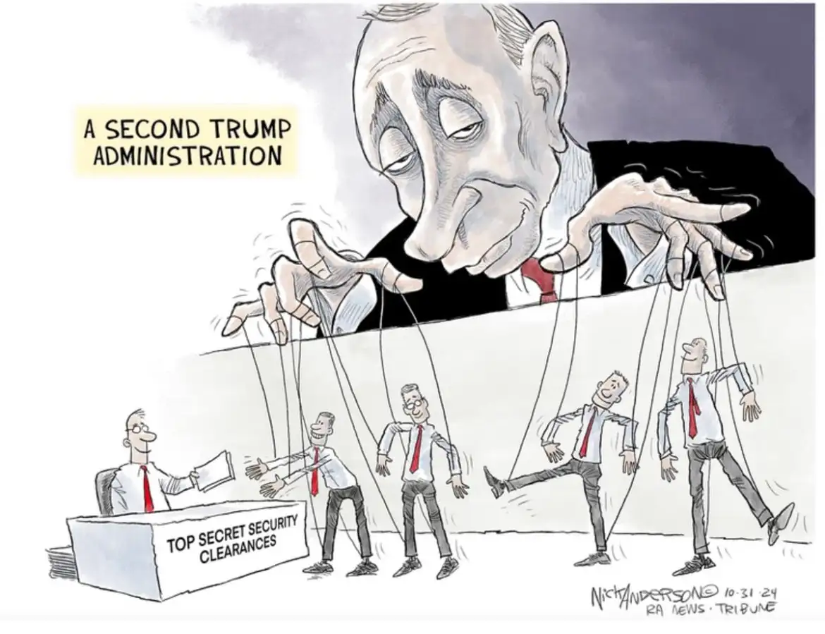 A cartoon depicts a giant, looming figure of Donald Trump with hands pulling strings controlling several smaller men in…