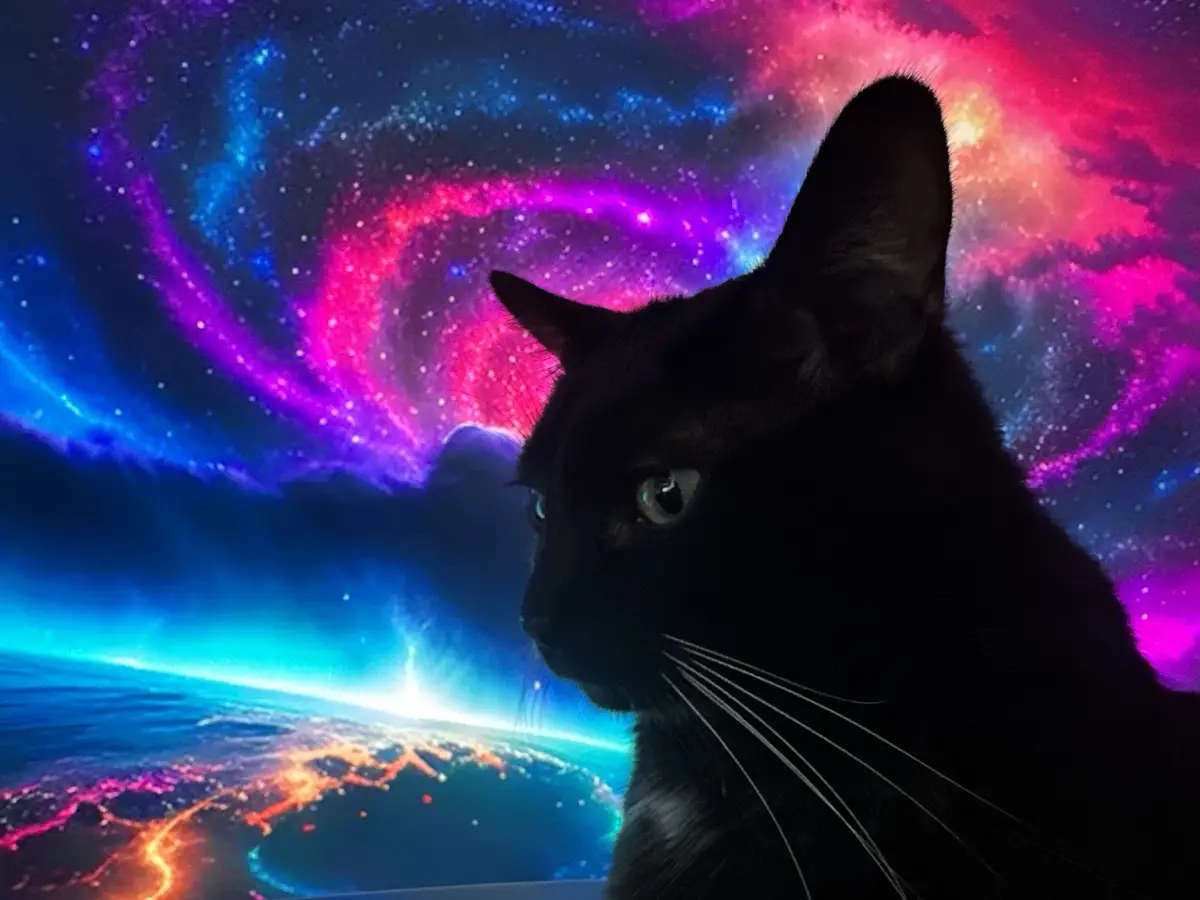 A black cat is silhouetted against a vibrant, colorful cosmic background featuring swirling nebulae in pink, purple, and…
