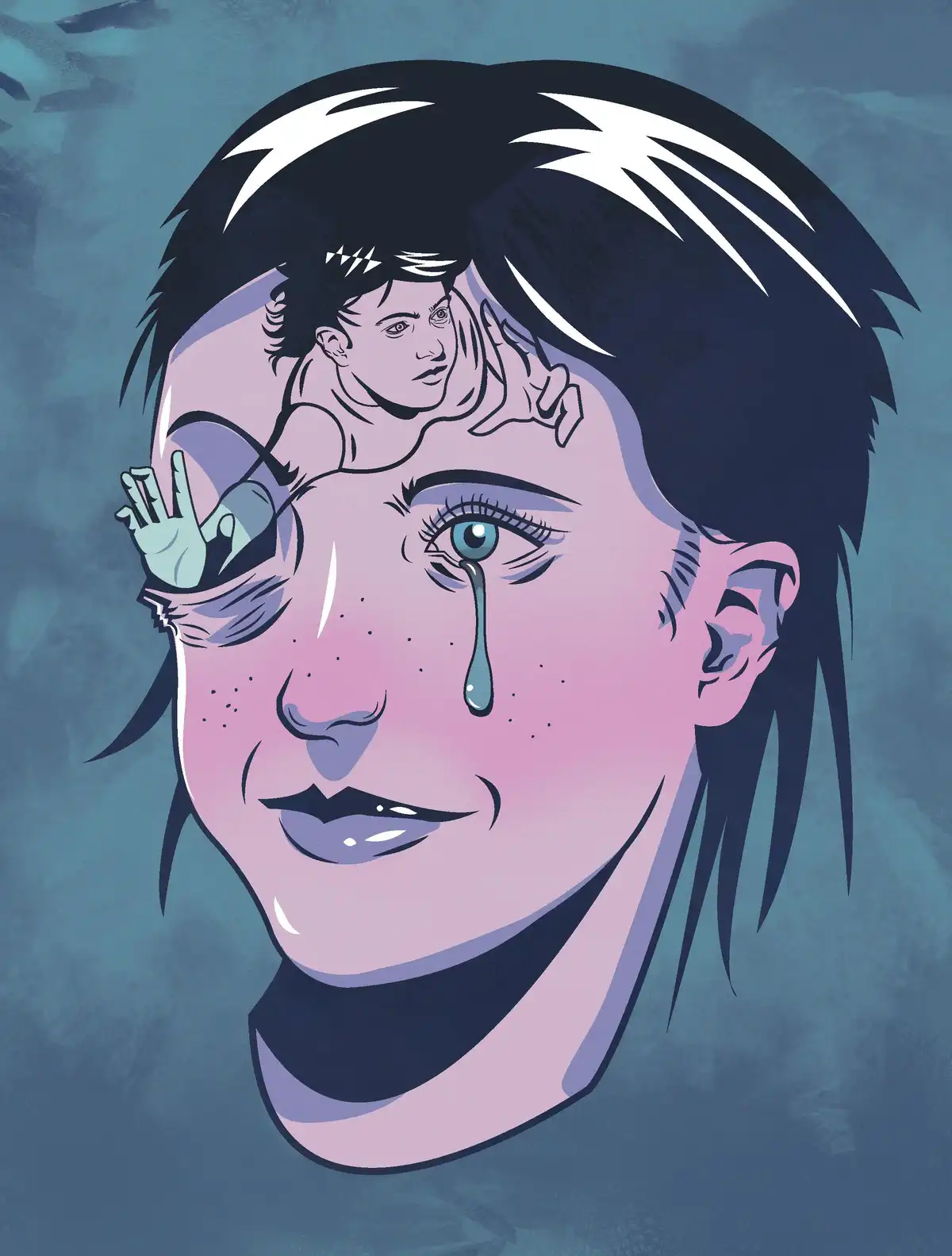 An illustrated portrait of a person with short dark hair and a tear rolling down their cheek, smiling while a small child…