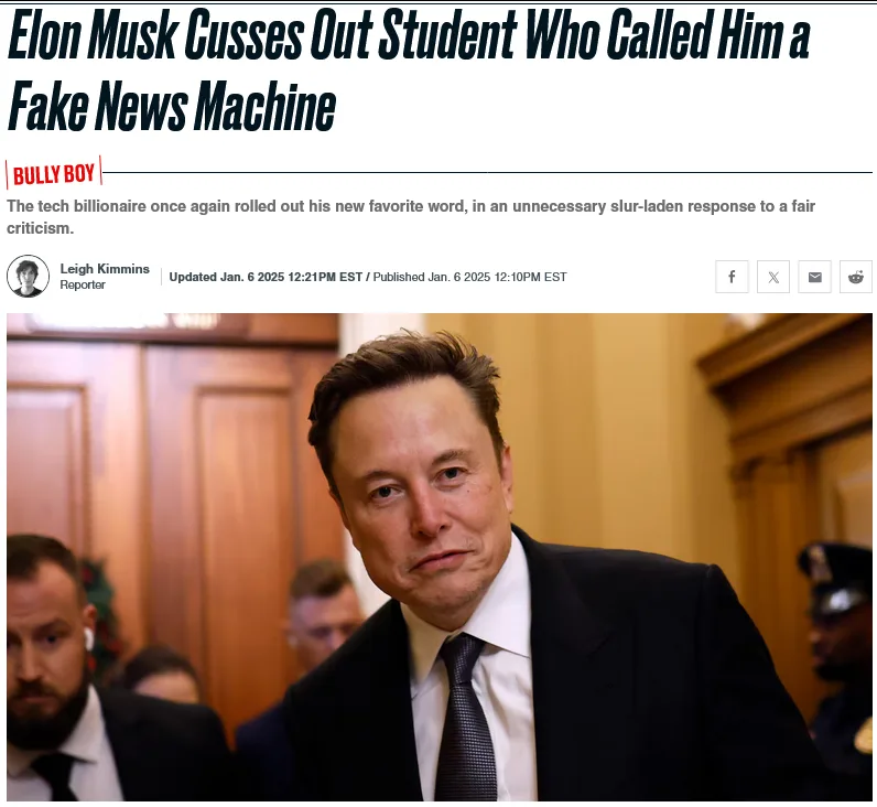 A screenshot of a news article with the headline 'Elon Musk Cusses Out Student Who Called Him a Fake News Machine' and a…
