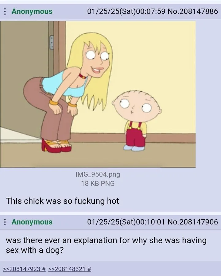 A still from the animated show 'Family Guy' shows a blonde woman in a blue top and brown pants bending down to look at…