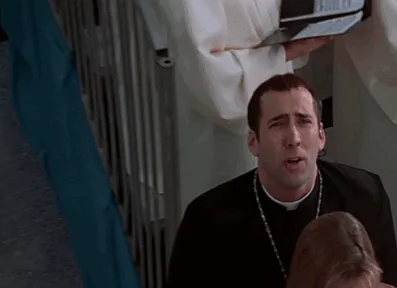 A six-panel image sequence shows actor Nicolas Cage in a black clerical collar, progressively escalating from a strained…