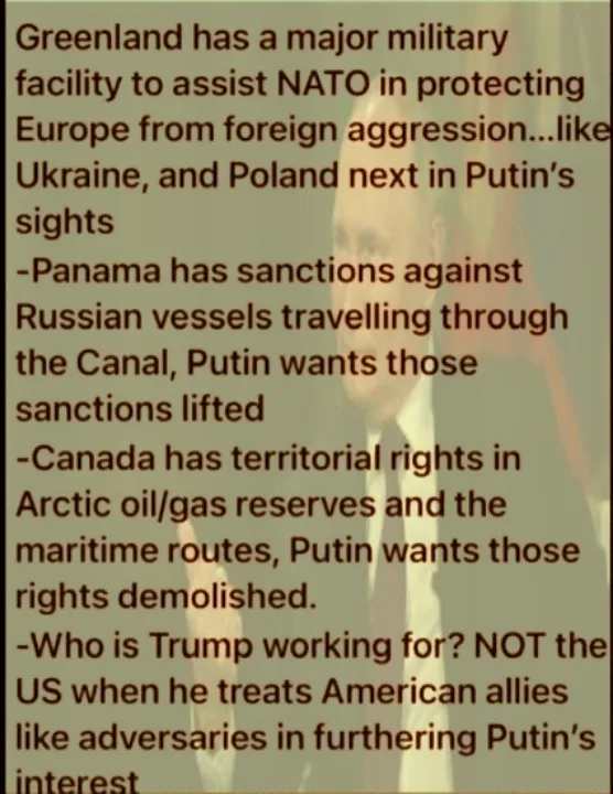 A blurry image of a man in a suit and tie, likely Vladimir Putin, is overlaid with dark brown text listing geopolitical…