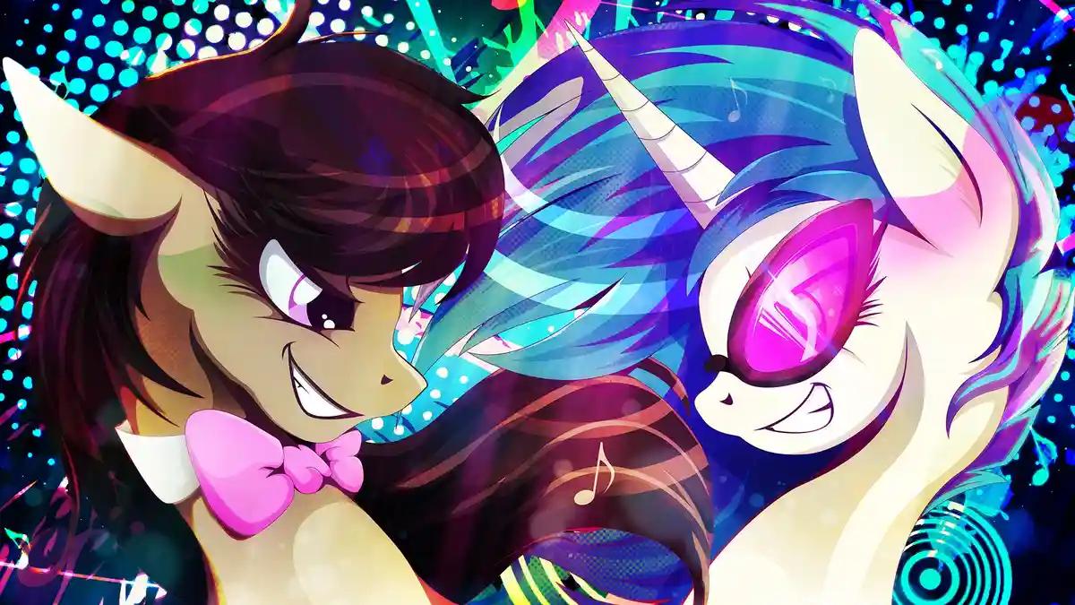 Two stylized cartoon ponies are shown in a vibrant, neon-lit background filled with musical notes and glowing dots. The pony…