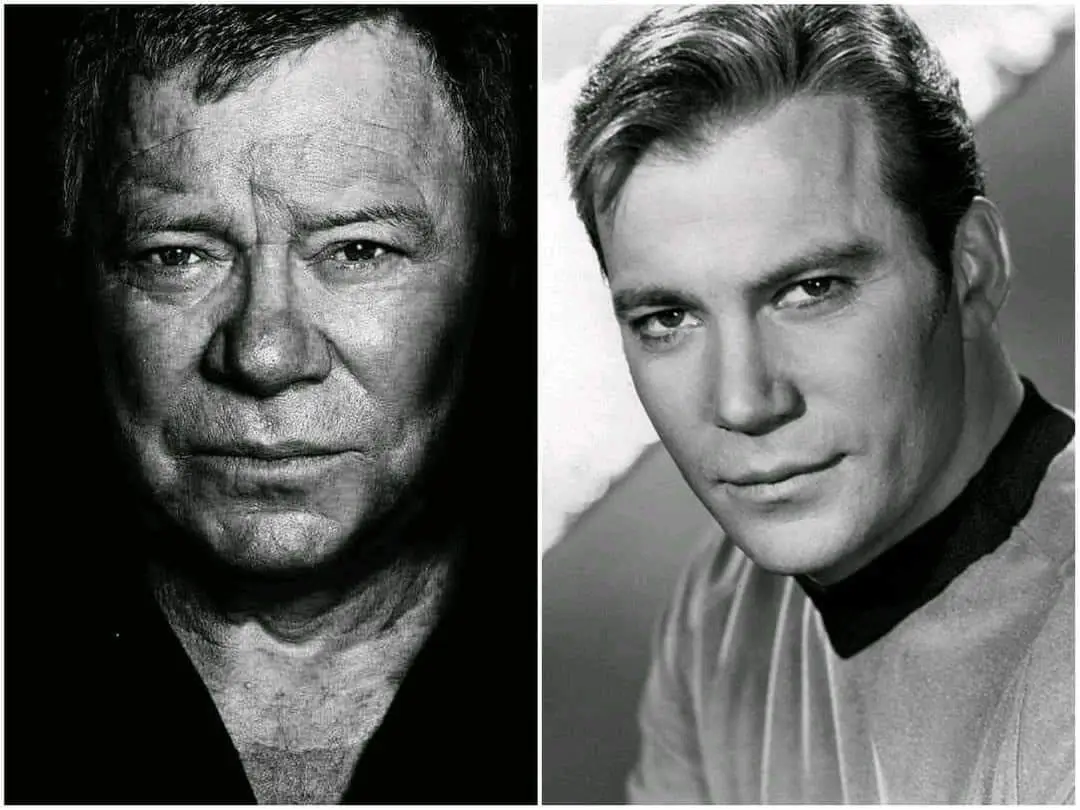 The image displays two black-and-white portraits side by side. The left photo shows an older man with a serious, weathered…
