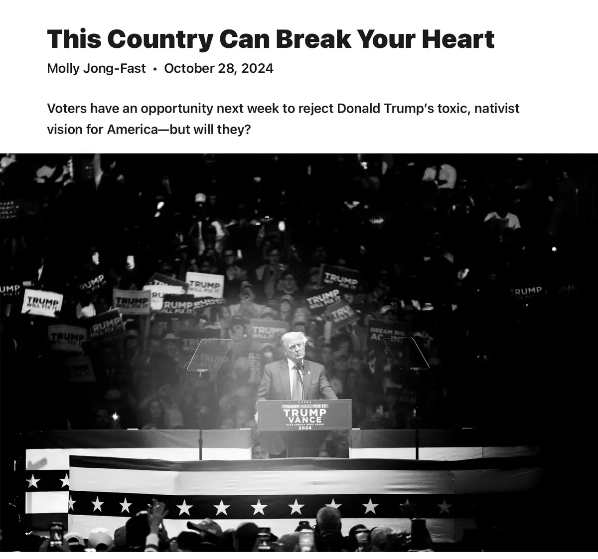 A black-and-white photo shows Donald Trump speaking at a rally with a podium reading 'TRUMP VANCE 2024' and an American flag…