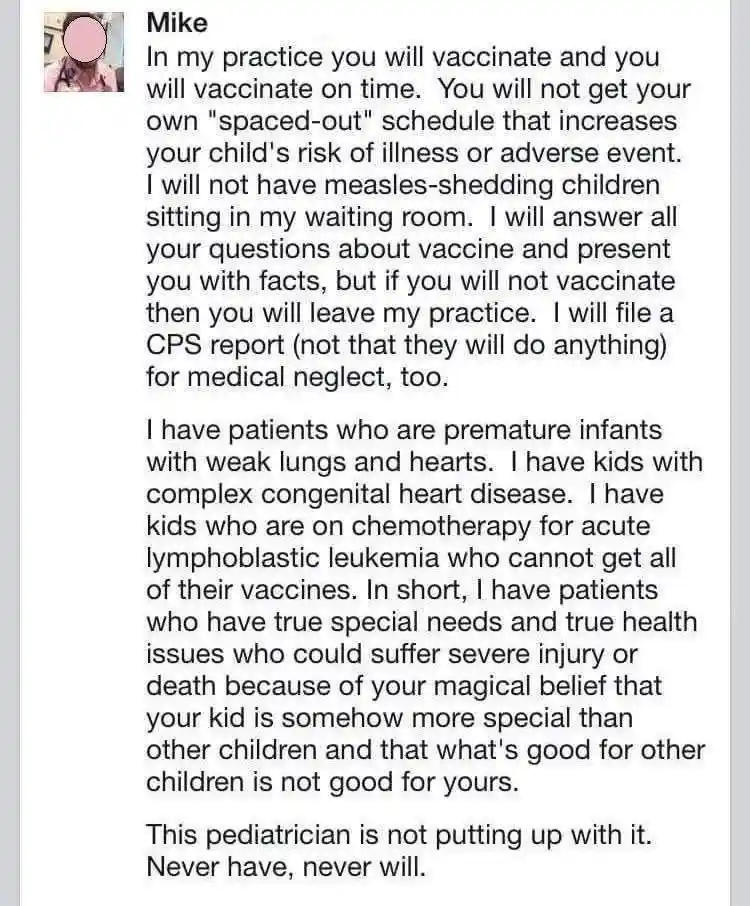 A screenshot of a text message from a pediatrician named Mike, who is sternly outlining his policy on vaccinations. He…