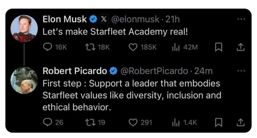 A screenshot of two Twitter/X posts. The top post by Elon Musk says 'Let's make Starfleet Academy real!' and has 185K likes…