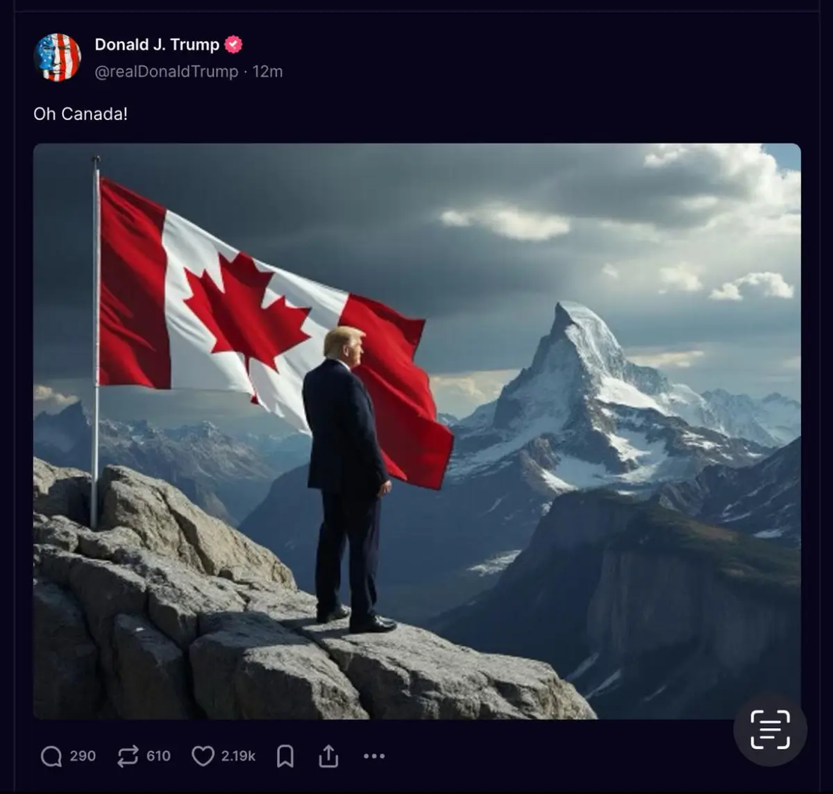 A digitally altered image shows Donald Trump standing on a rocky mountain peak, looking out at a snowy mountain range with…