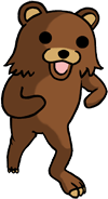 A cartoon brown bear with a happy, open-mouthed expression stands upright on two legs, arms slightly bent. The bear has…