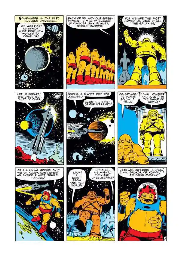A comic book panel from 'The Grok' featuring the Komok race, a group of yellow-skinned, muscular aliens with red belts and…