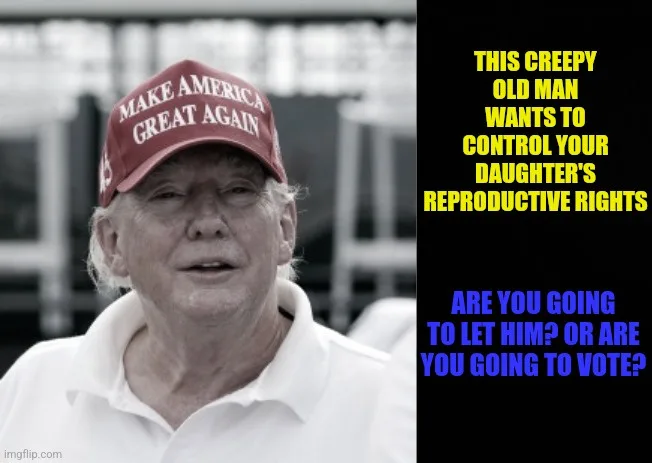A black-and-white photo of Donald Trump wearing a red 'MAKE AMERICA GREAT AGAIN' cap, with a black panel on the right…