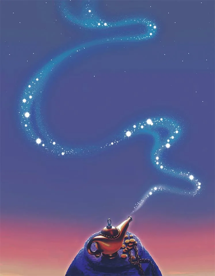 A golden genie lamp sits atop a blue drape against a twilight sky, emitting a swirling trail of sparkling stars that form a…