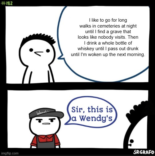 A two-panel comic shows a man describing his nighttime ritual of drinking whiskey in cemeteries. In the second panel, a…