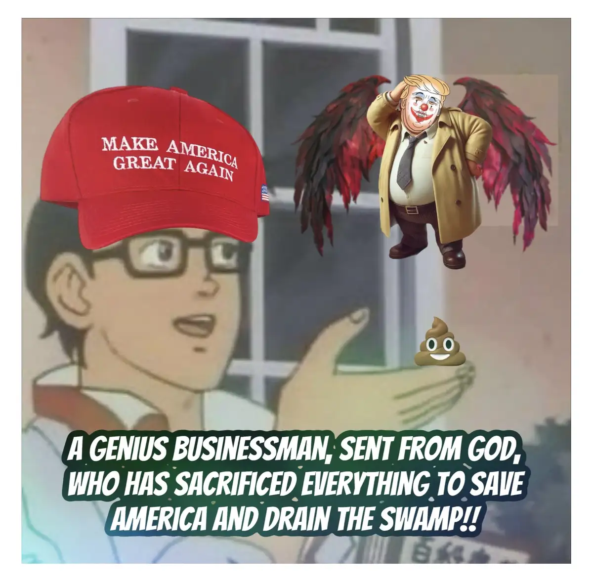 An anime-style character wearing a red 'MAKE AMERICA GREAT AGAIN' cap looks upward in awe. Above him floats a cartoonish…