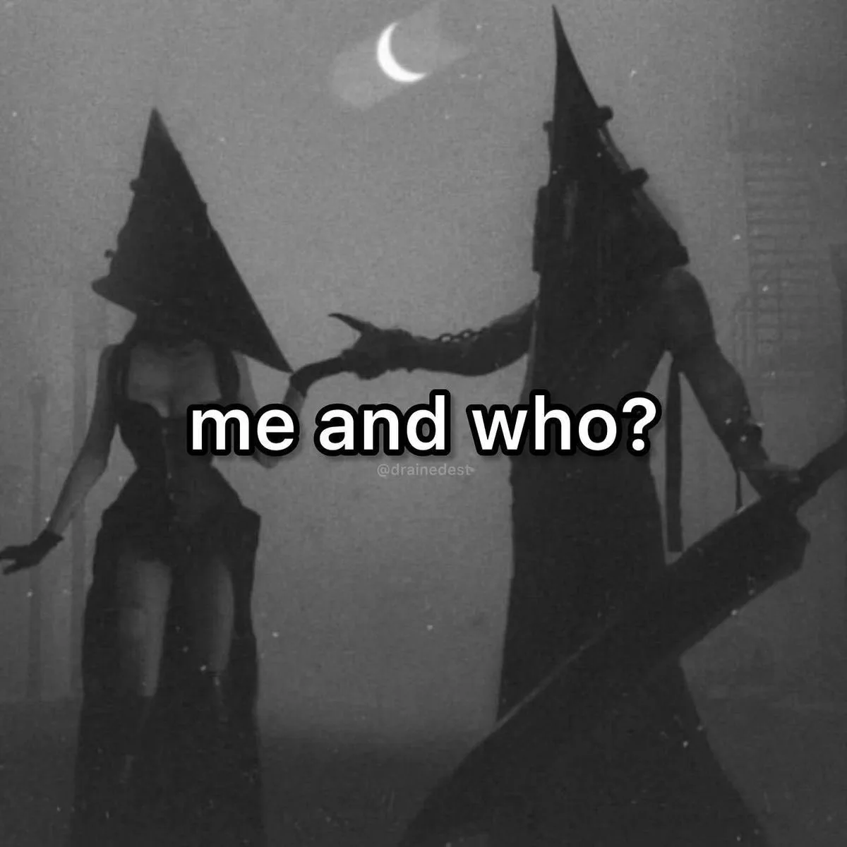 A black-and-white image shows two figures in tall, pointed witch hats standing in a foggy, eerie setting under a crescent…