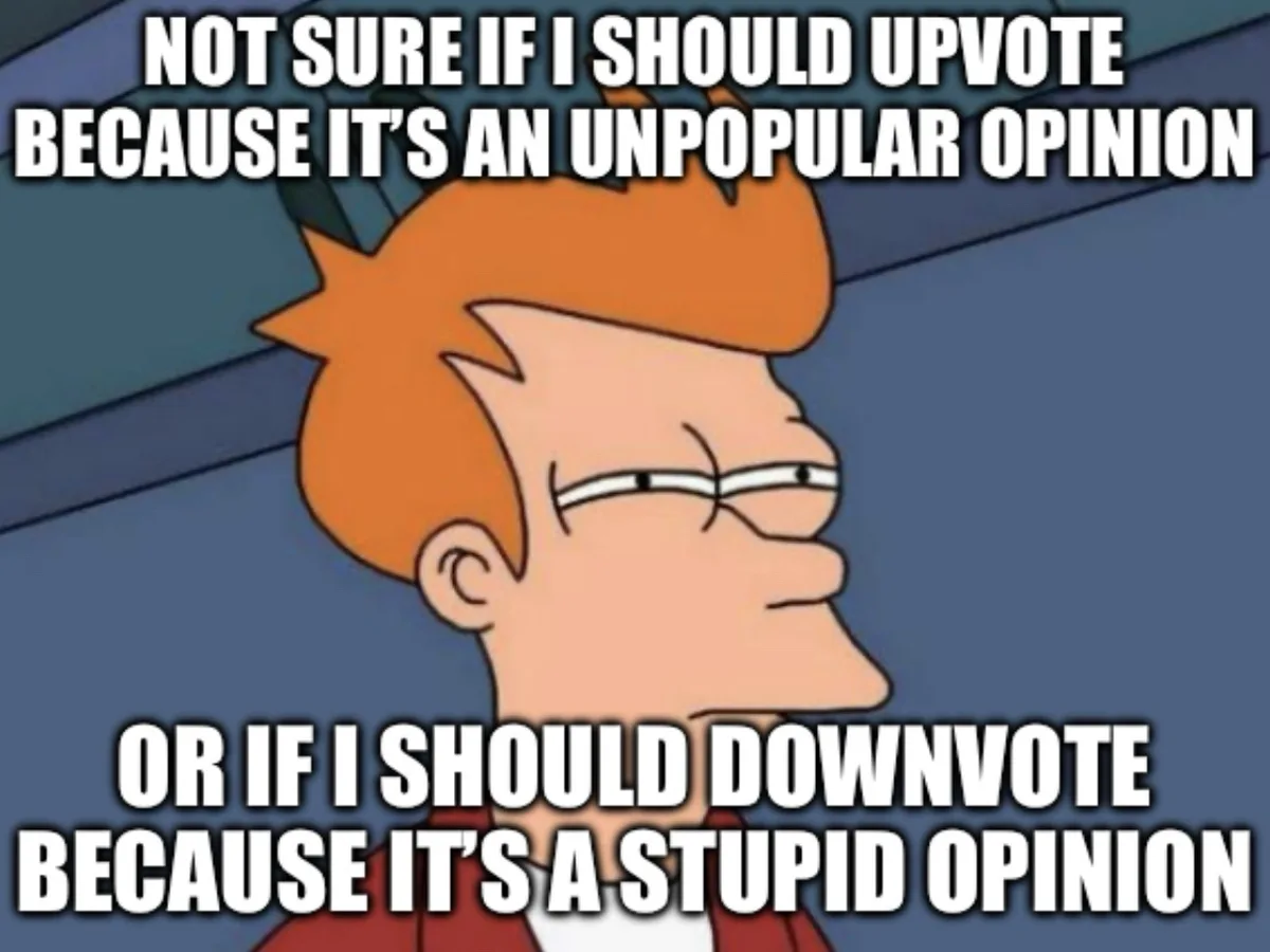 The image shows a cartoon character, Fry from Futurama, looking conflicted with a side profile and a skeptical expression…