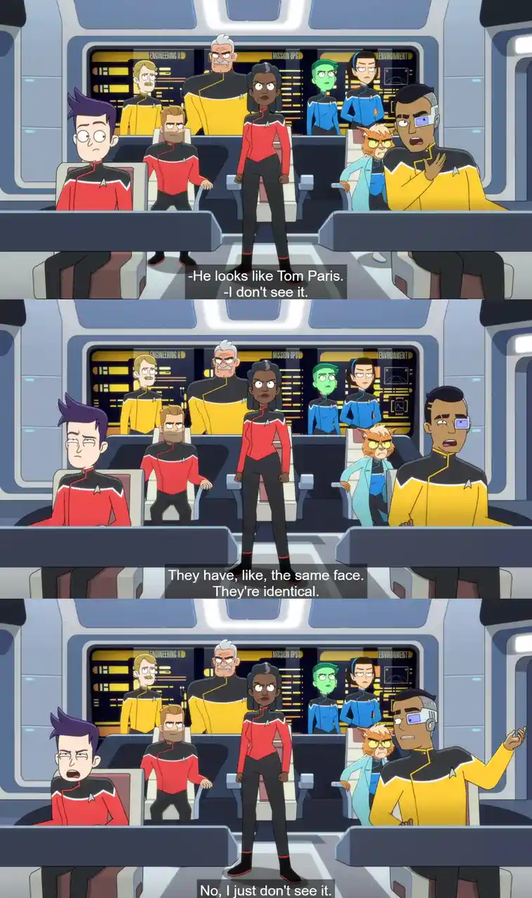 Three panels from the animated Star Trek series show the crew in the ship's bridge. A character in a yellow uniform argues…