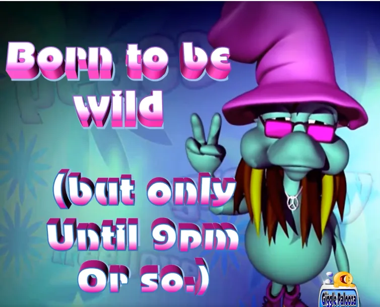 A teal cartoon character with a purple wizard hat, pink sunglasses, and a peace sign gesture, set against a psychedelic…