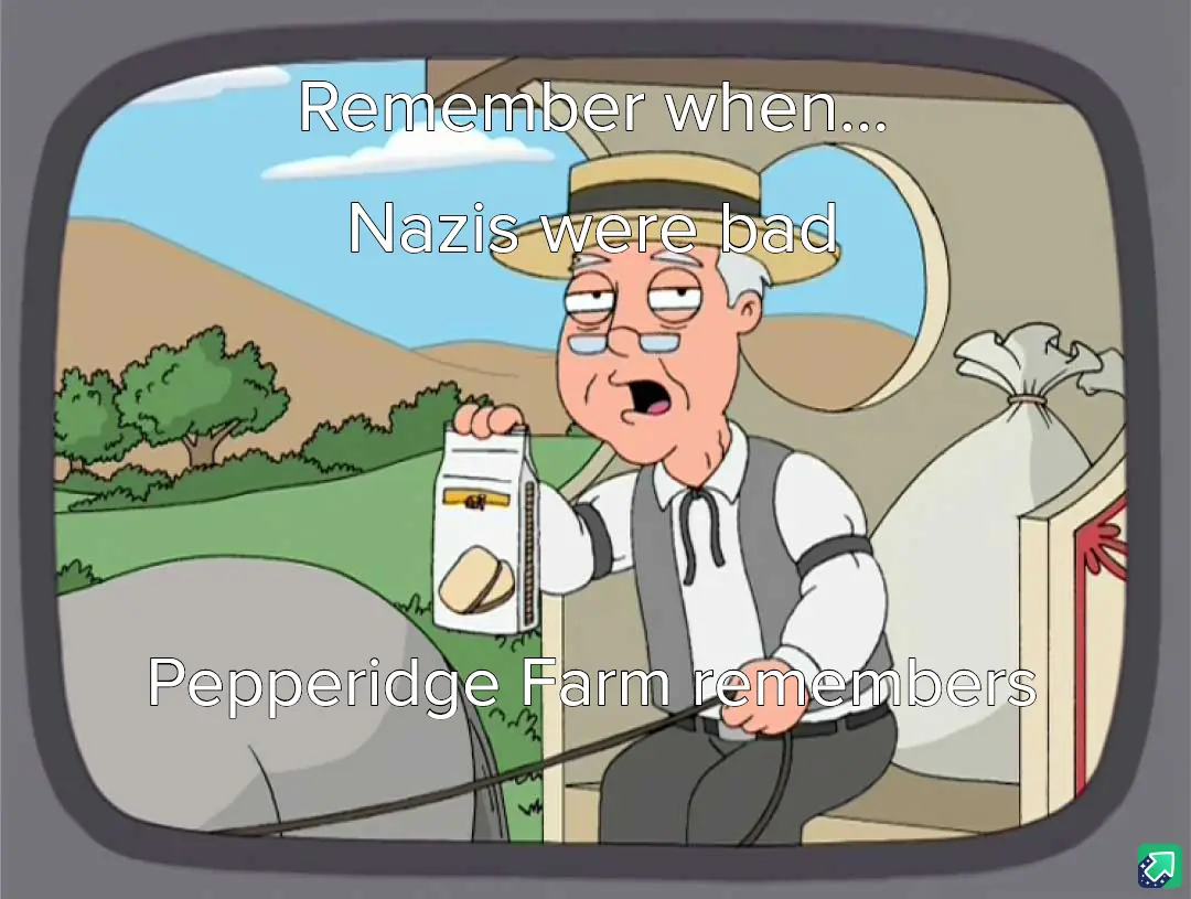 A cartoon image of an elderly man in a straw hat and vest holding a Pepperidge Farm cookie box, framed as if on a TV screen…