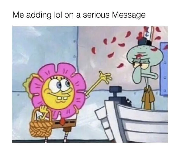 SpongeBob SquarePants, dressed in a pink flower costume and carrying a basket, cheerfully gestures toward Squidward…