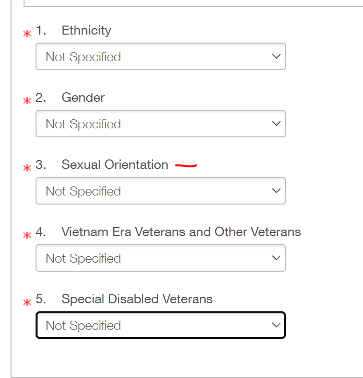 A screenshot of a government form with dropdown fields for ethnicity, gender, sexual orientation, veteran status, and…