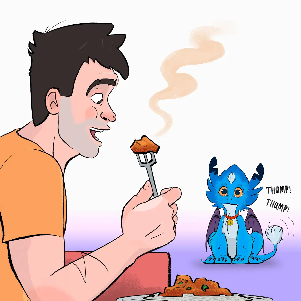 A cartoon man in an orange shirt holds a fork with a steaming piece of food, looking excitedly at a small blue dragon with…
