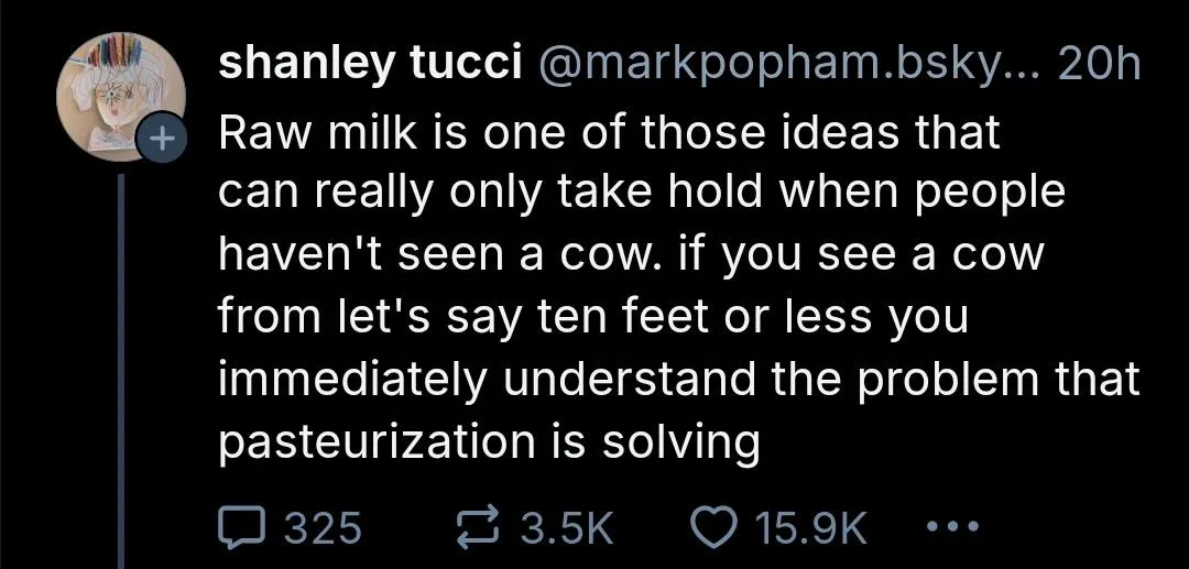 A screenshot of a social media post by 'shanley tucci' with white text on a black background. The text argues that raw milk…