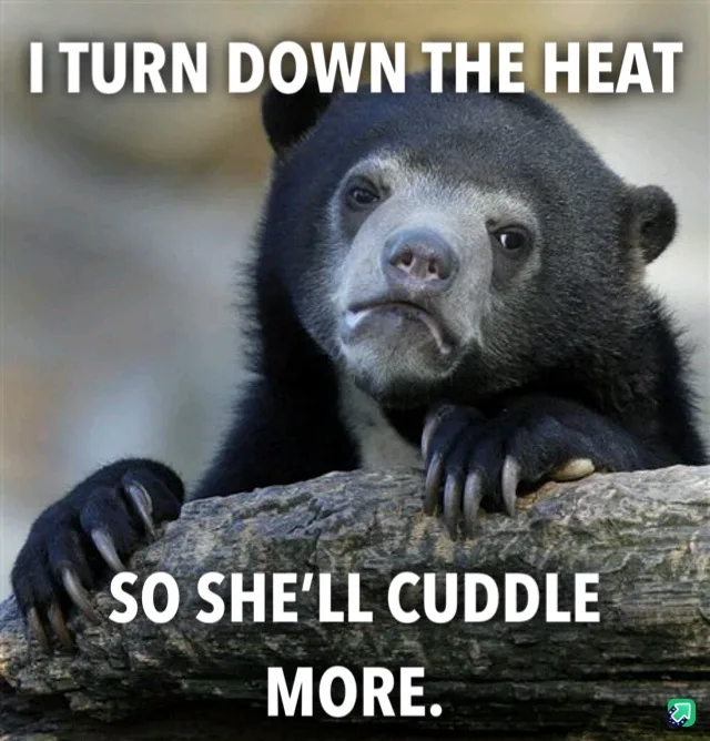 A close-up photo of a sad-looking, dark-furred bear with a downturned mouth, resting its paws on a log. White bold text at…