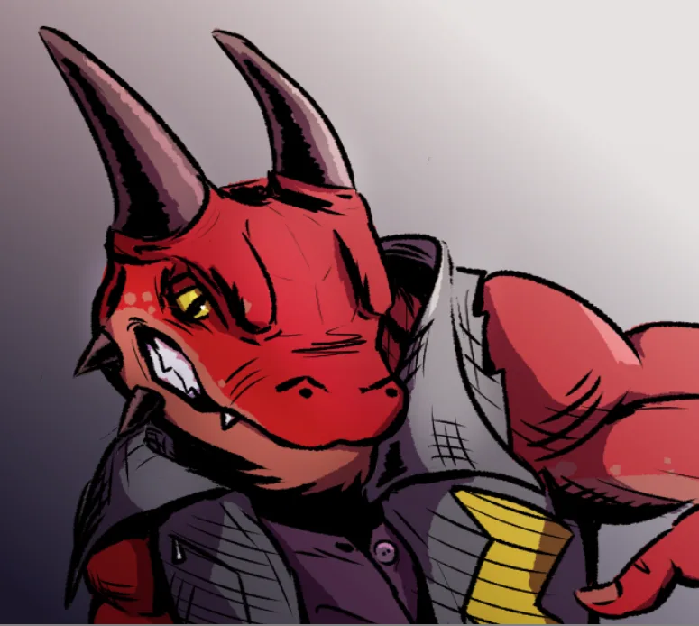 A red, horned, reptilian humanoid with yellow eyes and sharp teeth wears a dark vest over a shirt with a yellow lightning…