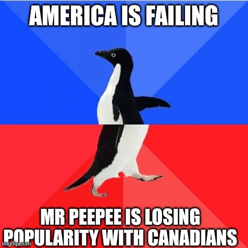 A black-and-white penguin walks across a red and blue background. The top text reads 'AMERICA IS FAILING' and the bottom…
