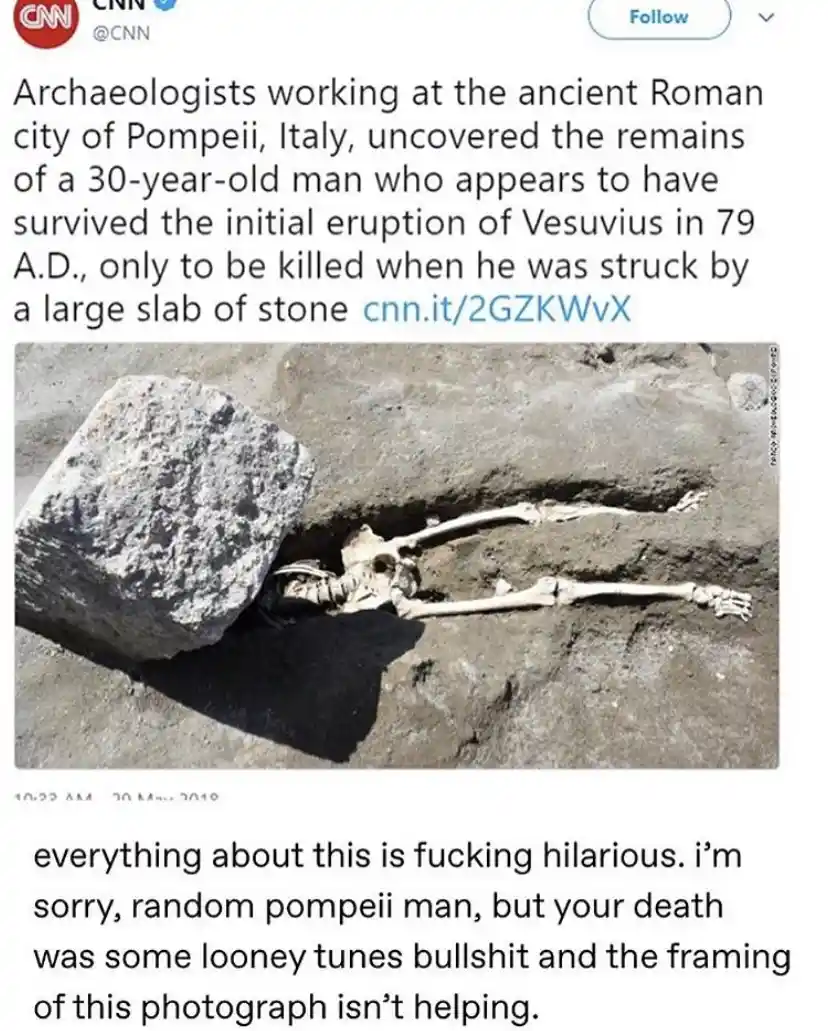 A photograph from a CNN tweet shows a human skeleton lying on the ground with a large stone slab resting on its upper body…