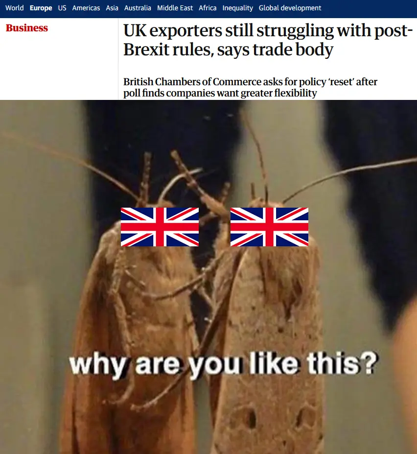 An image of two brown moths with British flags superimposed over their heads, beneath a news headline about UK exporters…