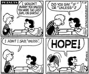 A four-panel comic strip from 'Peanuts' shows Lucy and Linus at a table. Lucy demands Linus marry her only if she's the last…