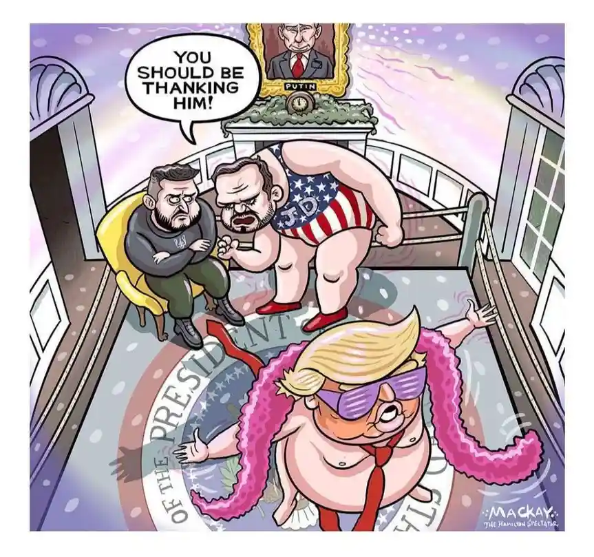 A cartoon depicts a caricature of Donald Trump, shirtless with a pink boa and sunglasses, falling backward in the Oval…