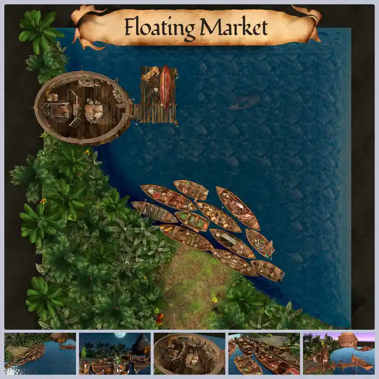 An overhead view of a tropical floating market with numerous wooden boats laden with goods, docked near a lush green…