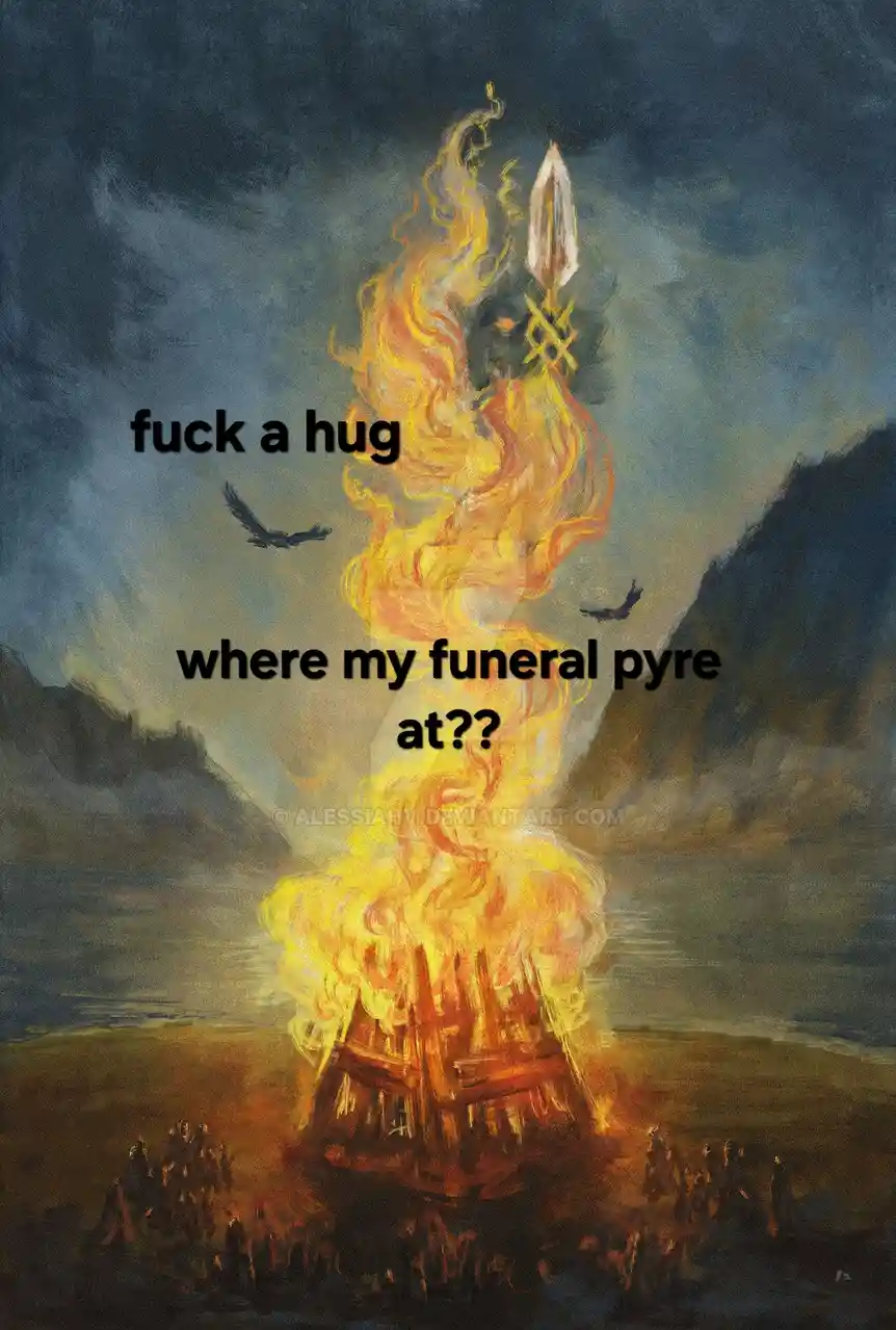 A dramatic painting depicts a massive funeral pyre burning brightly in a valley, with a large sword rising from the flames…