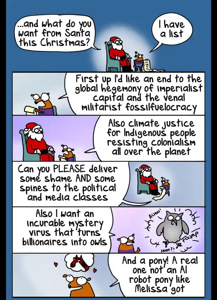 A comic strip shows a small, orange, bespectacled creature presenting a long list to Santa Claus. The creature requests an…