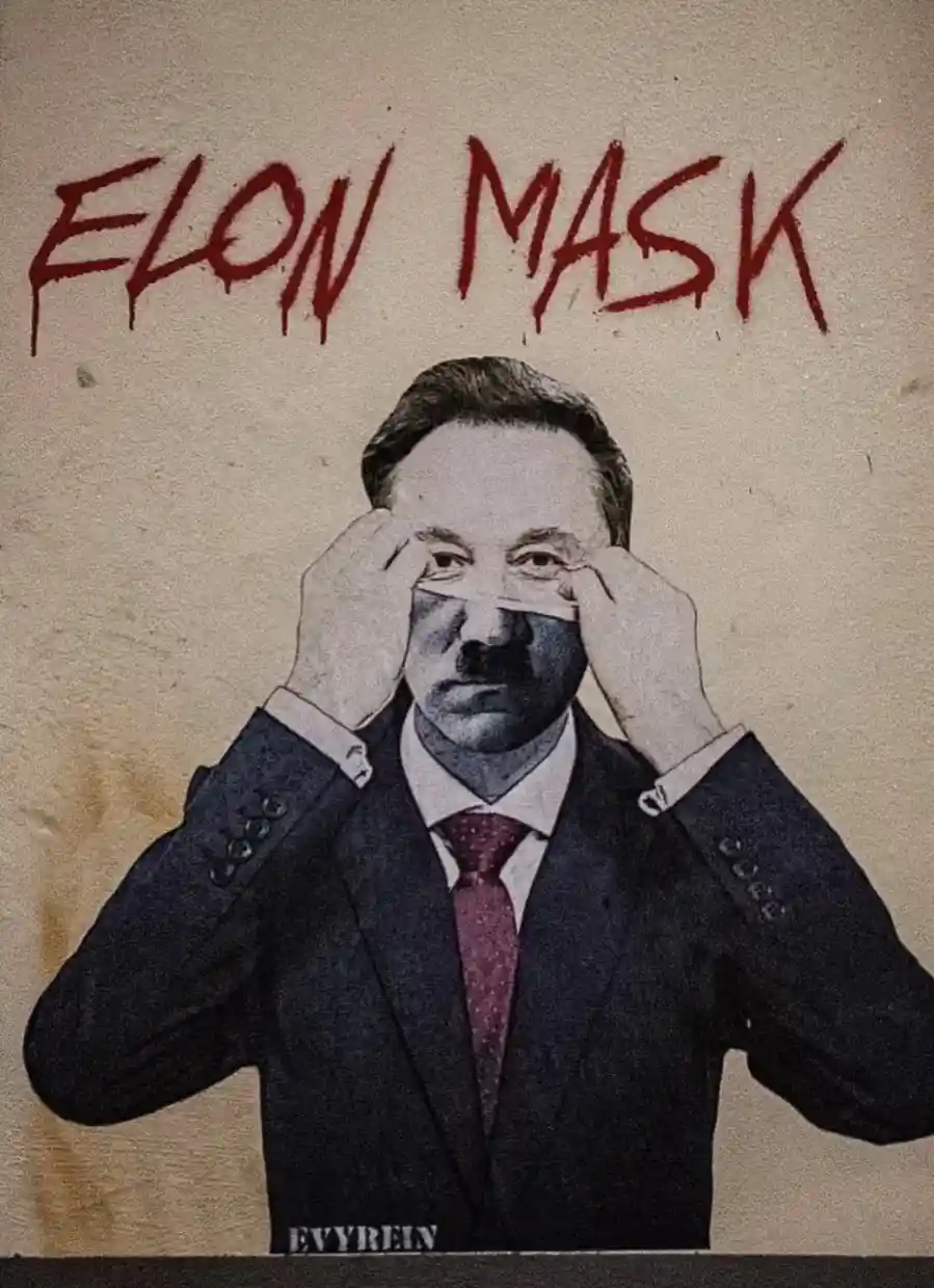 A black-and-white image shows a man in a suit and tie holding a strip of tape over his eyes. Above him, red graffiti-style…