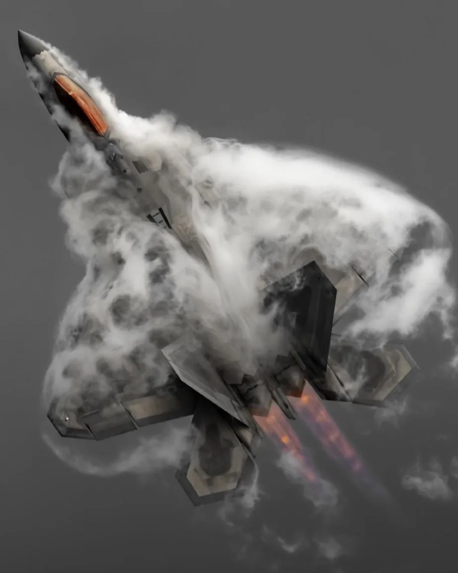 A fighter jet is shown in mid-air, surrounded by thick white smoke and emitting fiery exhaust from its engines, with the…