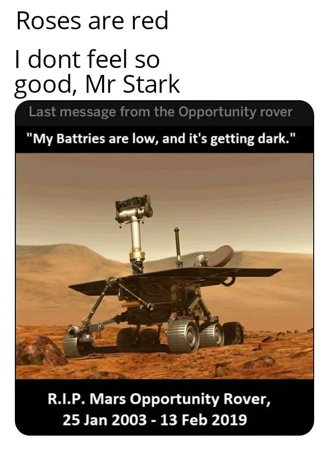 The image shows the Mars Opportunity rover on the red planet's surface, with overlaid text that reads 'Roses are red, I dont…