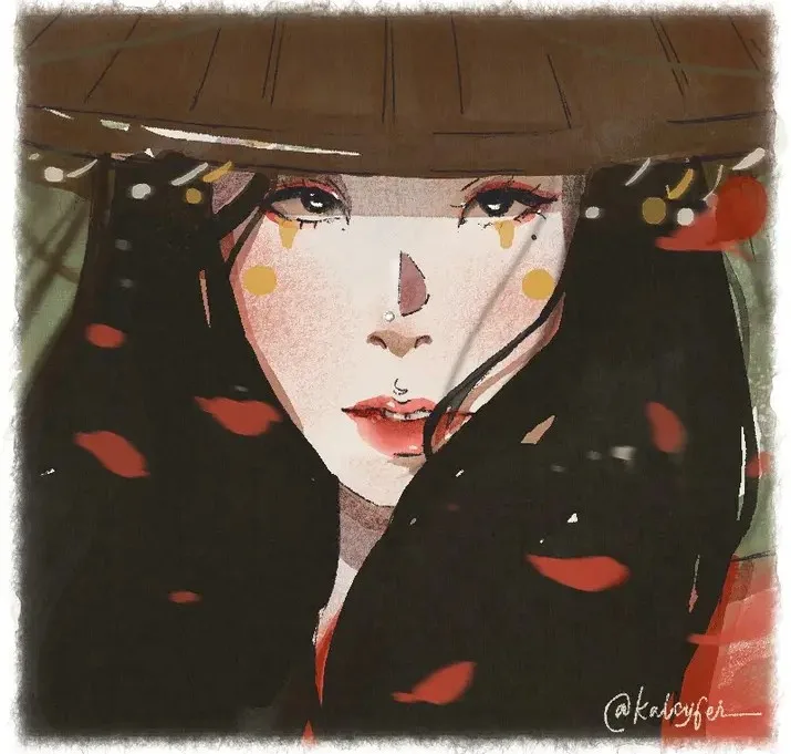 An anime-style illustration of a woman with dark hair and a wide-brimmed hat, her face partially obscured by falling red…