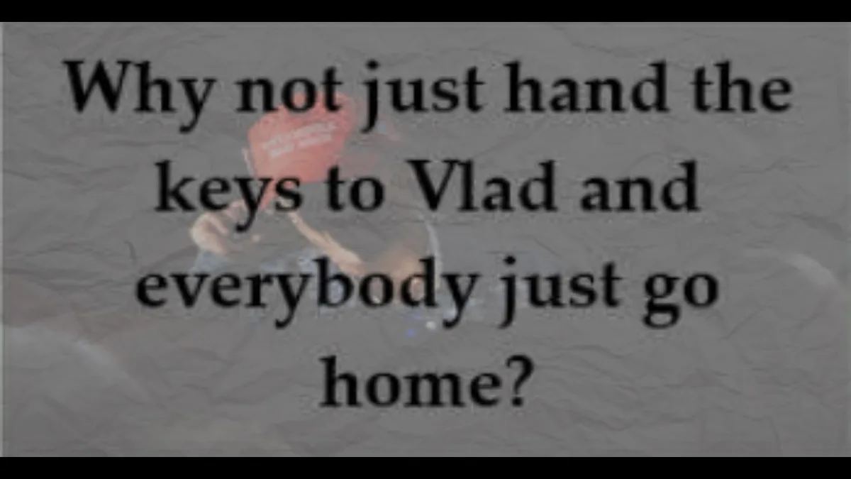 A blurry image of a person wearing a red cap with white text, overlaid with large black text reading 'Why not just hand the…